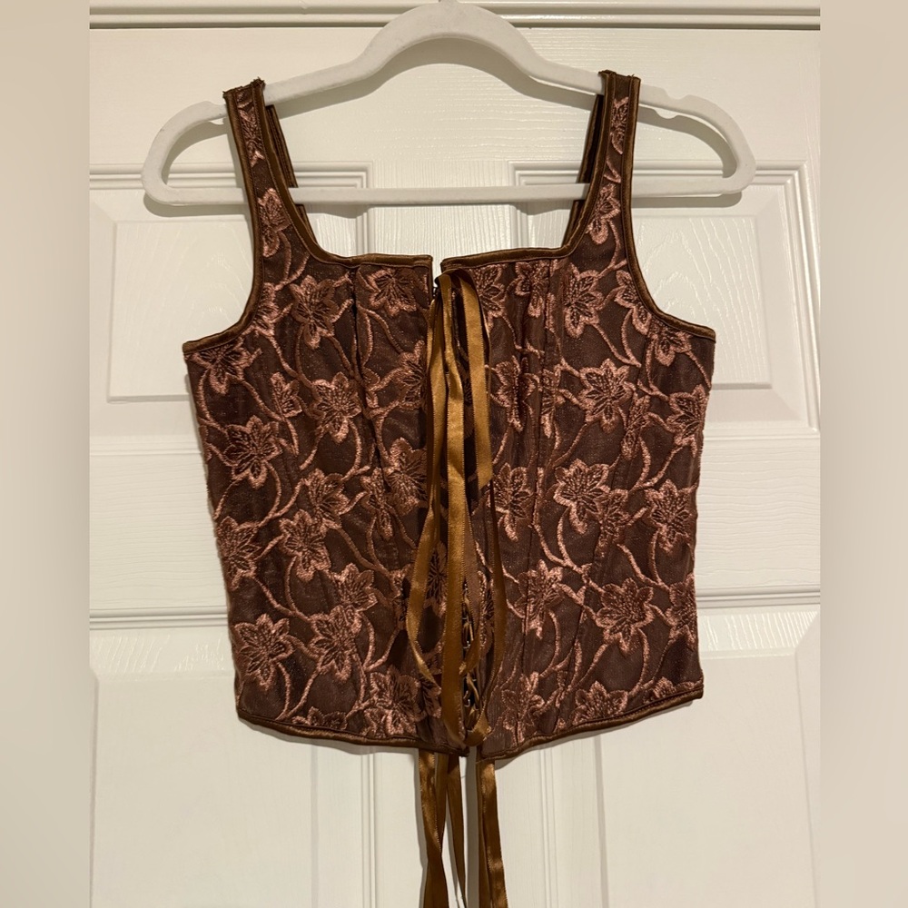 Lace-up Corset Bodice Vest Top Medium Brown Floral Embroidered Renaissance Faire